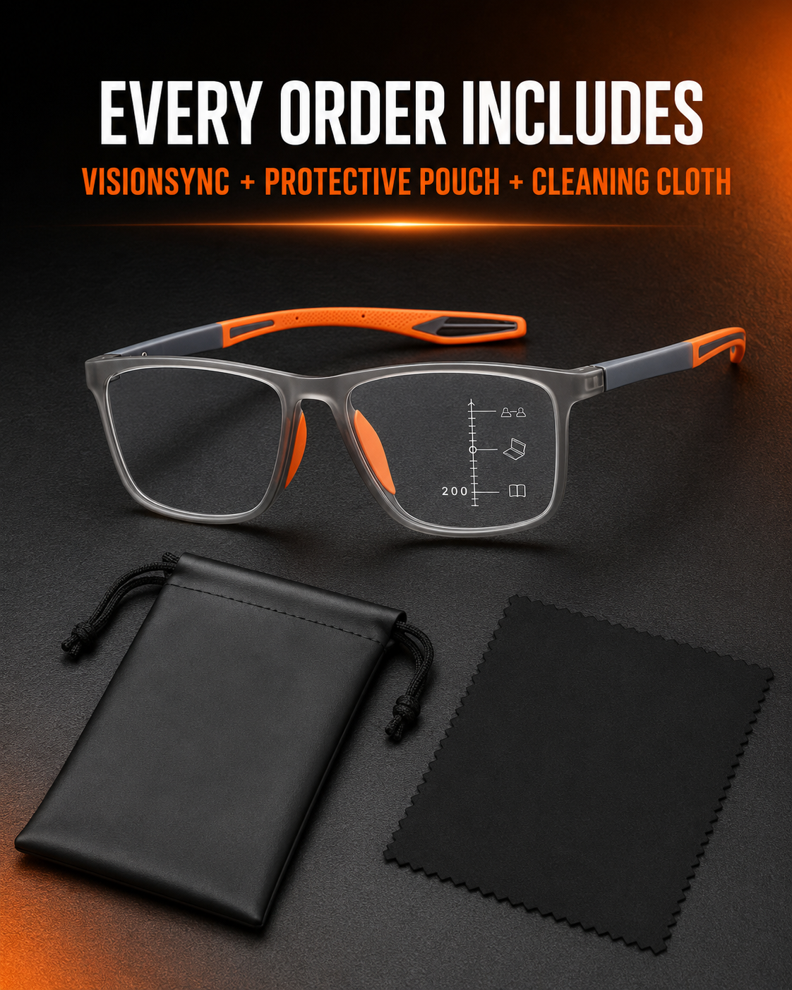 VisionSync glasses with protective pouch and cleaning cloth