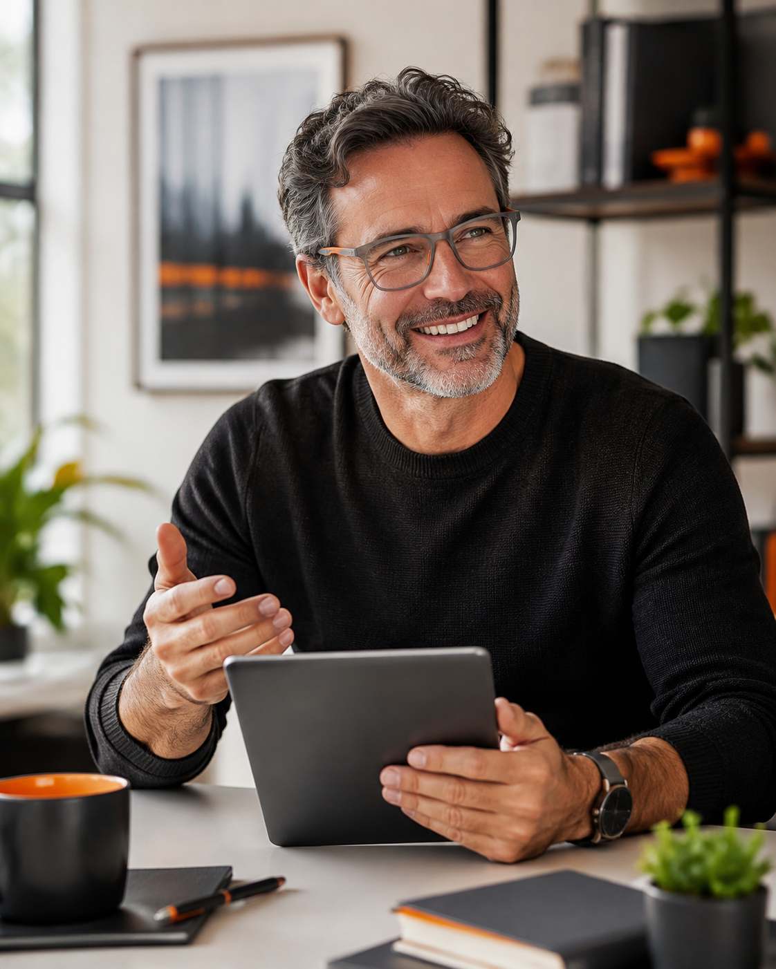 Confident adult wearing VisionSync glasses while using a tablet