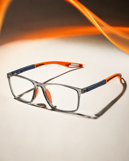 VisionSync glasses in a clean orange and ivory product setting