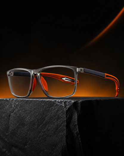 VisionSync multifocal glasses in a premium black and orange studio